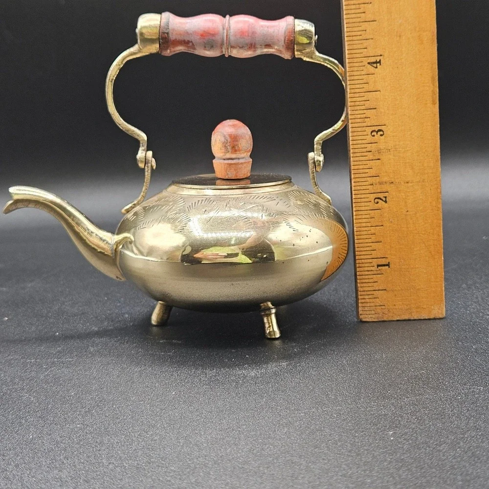 Vintage Etched Brass Miniature Teapot Tripod Feet Wood Handle Decorative 4.5in